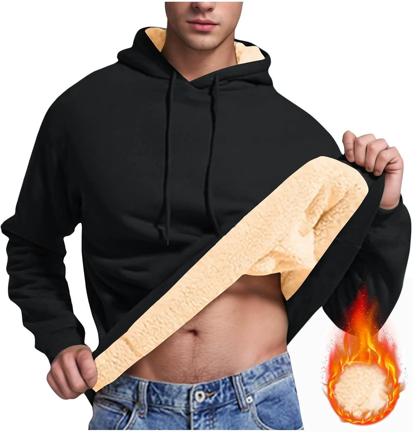 XUNRYAN Hoodies for Men Heavyweight Fleece Sweatshirt Thick Pullover Warm Hooded Sherpa Jackets Long Sleeve Shirts Outerwear